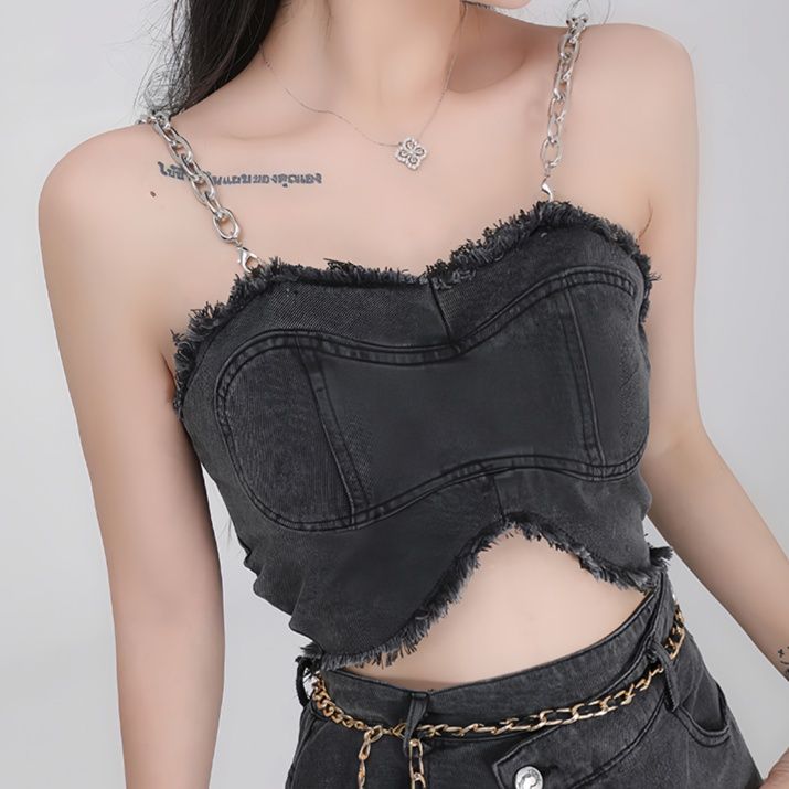 デニムセットアップ 裾フリンジキャミセットアップ