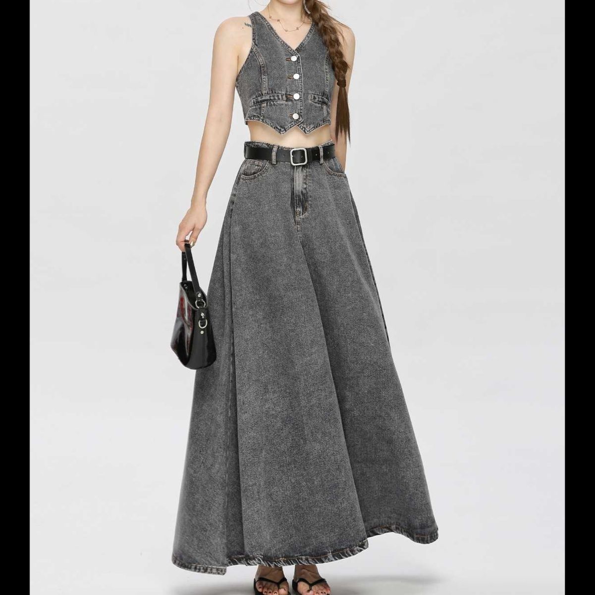 デニムセットアップ 上品ベスト＆フレアスカートセット