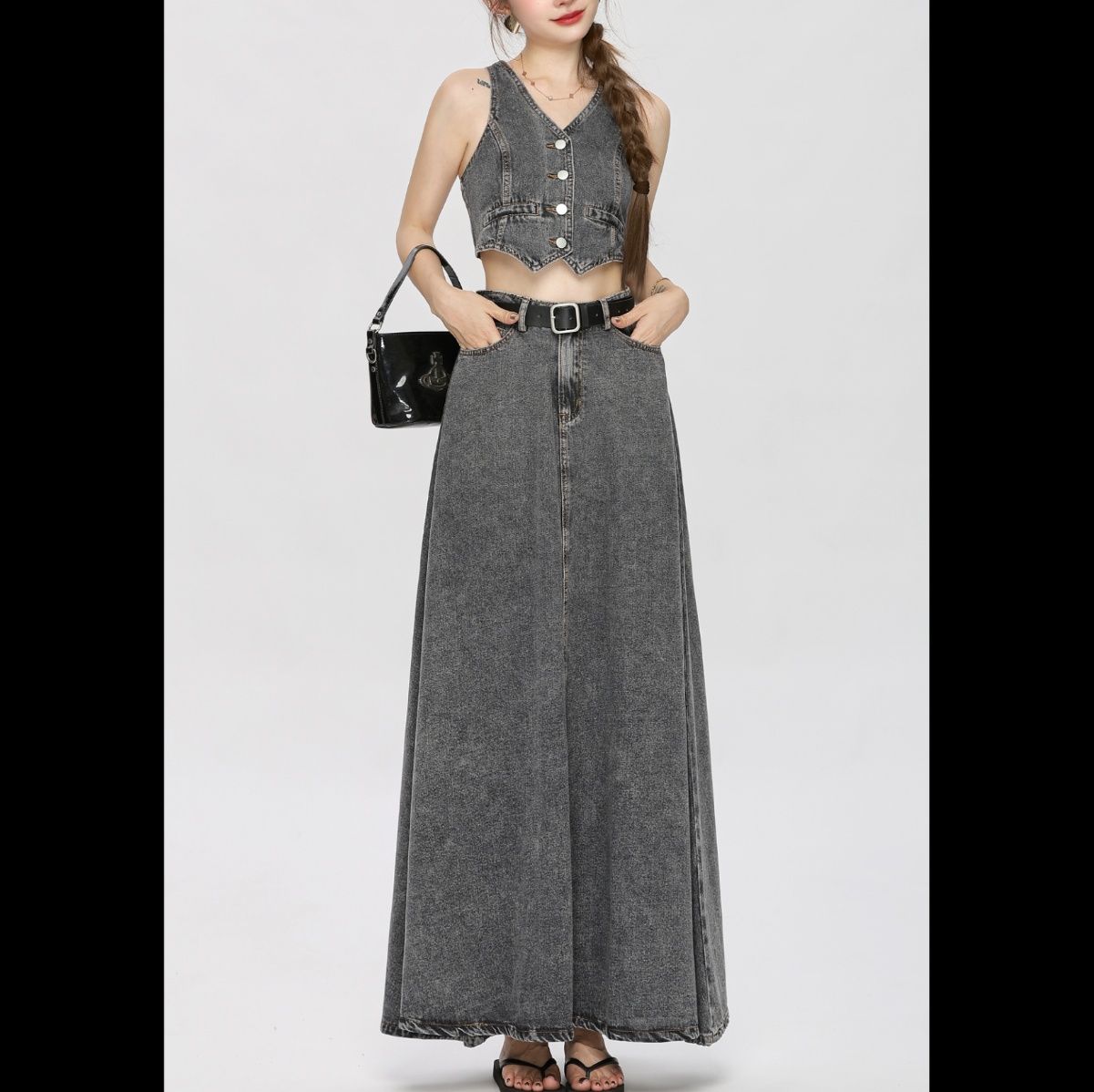 デニムセットアップ 上品ベスト＆フレアスカートセット