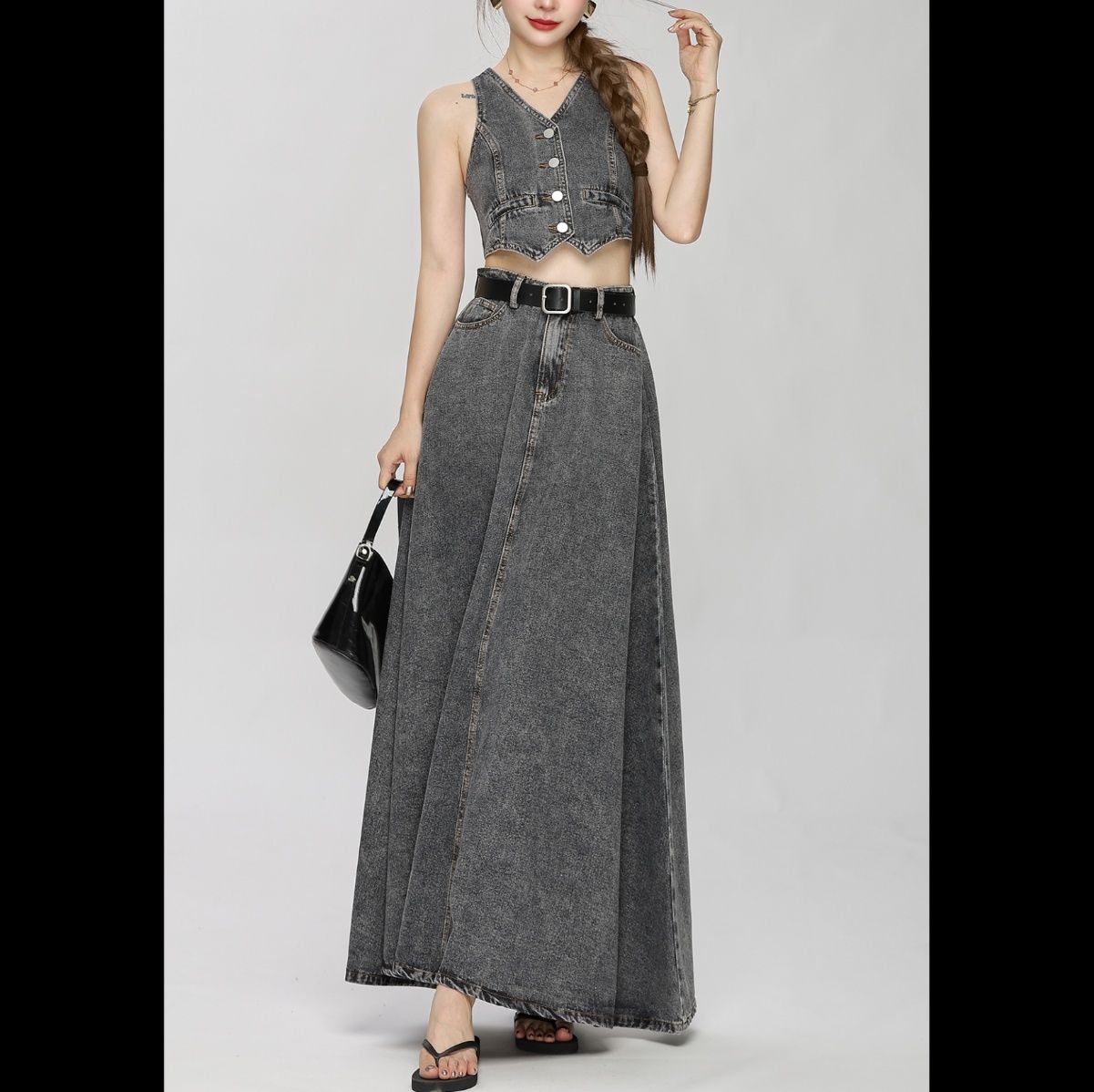 デニムセットアップ 上品ベスト＆フレアスカートセット