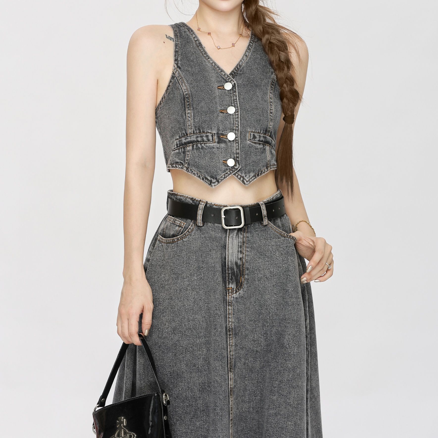 デニムセットアップ 上品ベスト＆フレアスカートセット