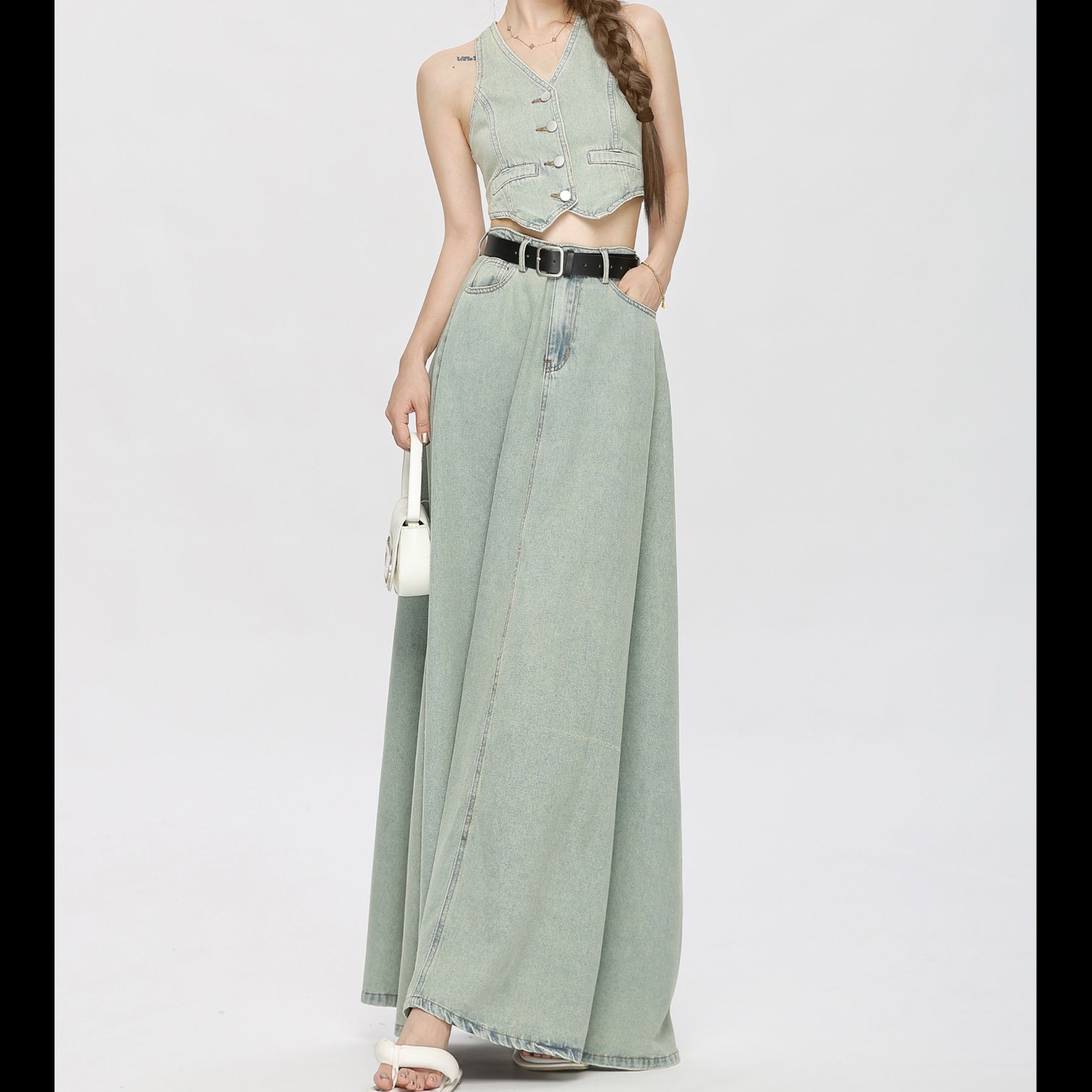 デニムセットアップ 上品ベスト＆フレアスカートセット