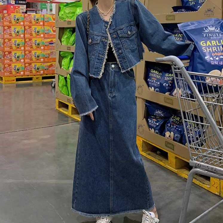 デニムセットアップ カジュアル裾フリンジデニムセット