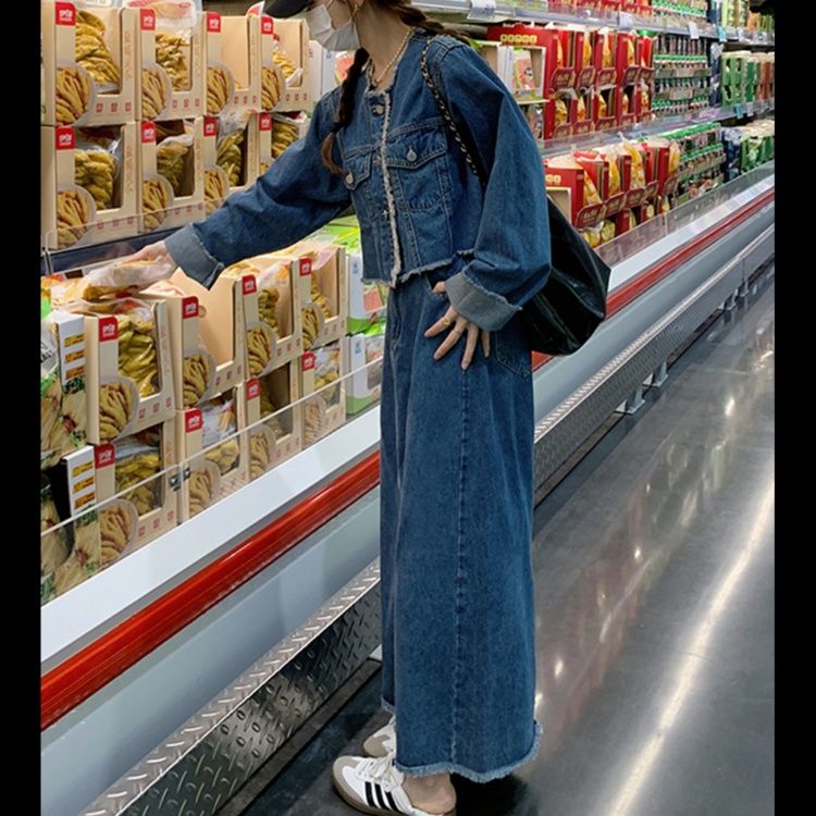 デニムセットアップ カジュアル裾フリンジデニムセット