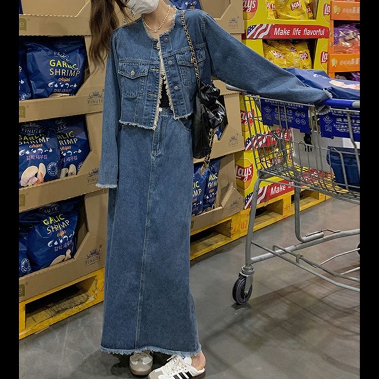 デニムセットアップ カジュアル裾フリンジデニムセット