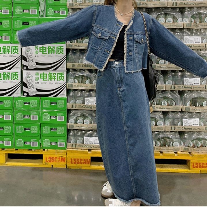 デニムセットアップ カジュアル裾フリンジデニムセット