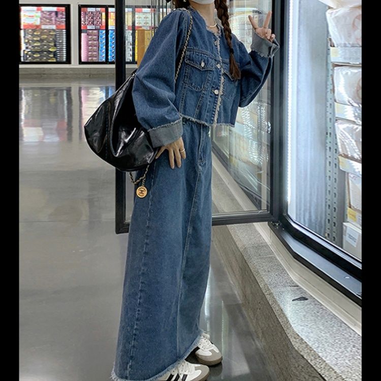 デニムセットアップ カジュアル裾フリンジデニムセット