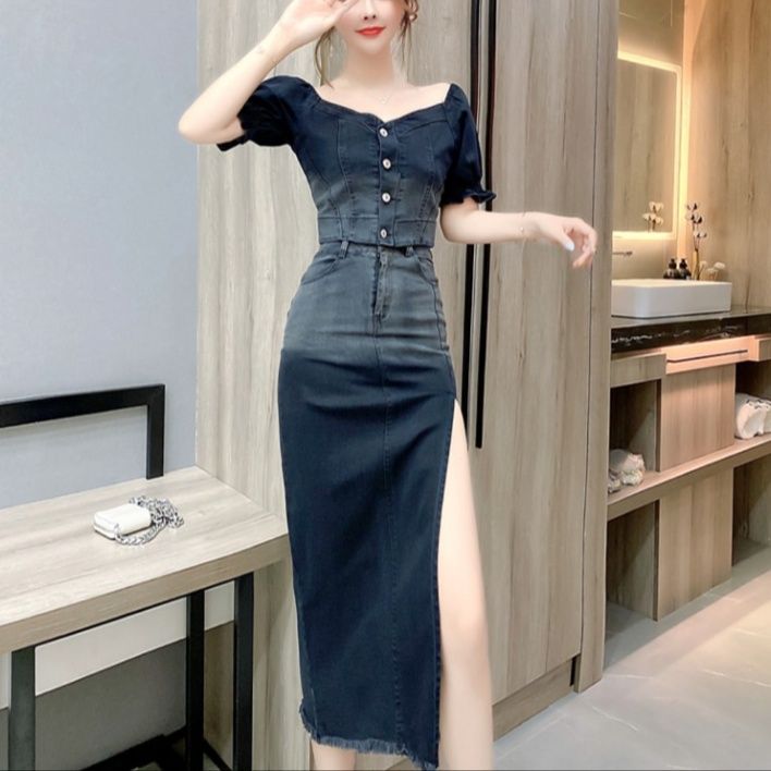 デニムセットアップ フェミニンスリットデニムセット