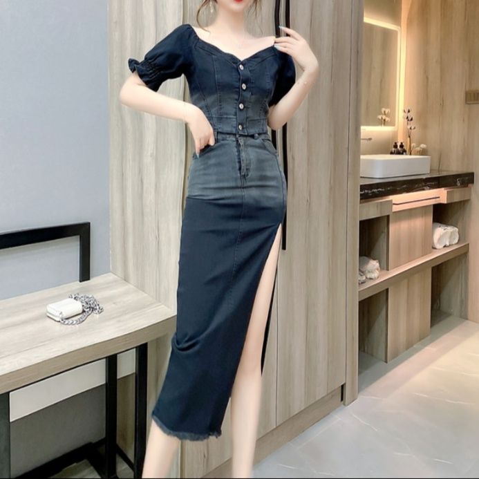 デニムセットアップ フェミニンスリットデニムセット