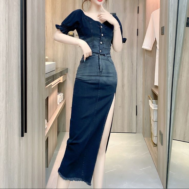 デニムセットアップ フェミニンスリットデニムセット