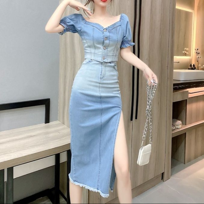 デニムセットアップ フェミニンスリットデニムセット