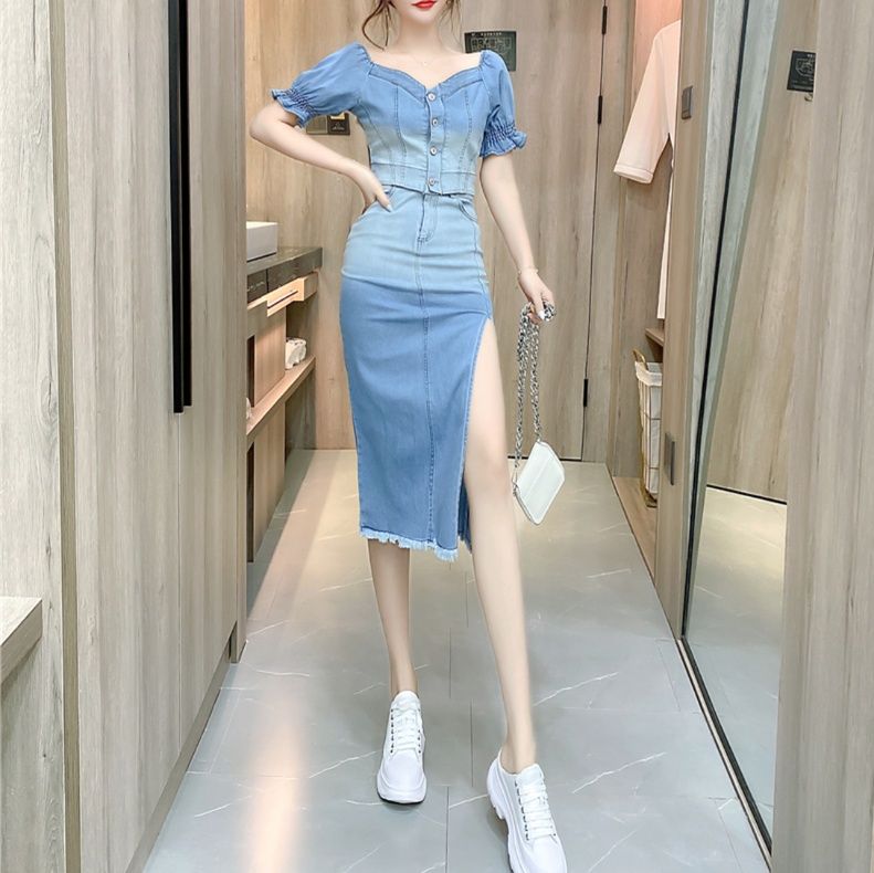 デニムセットアップ フェミニンスリットデニムセット