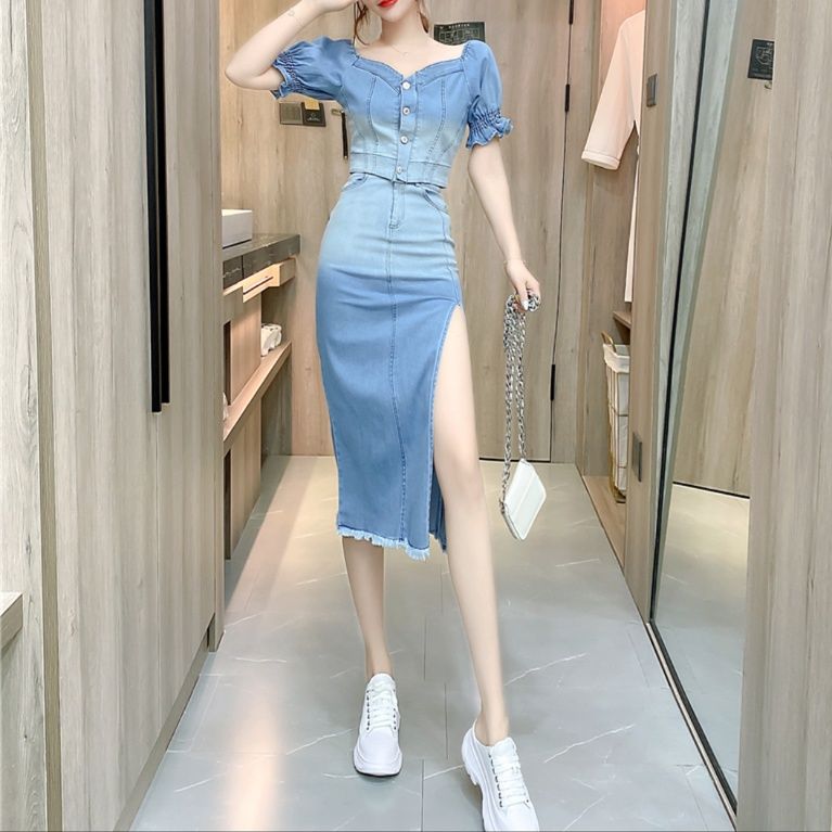 デニムセットアップ フェミニンスリットデニムセット