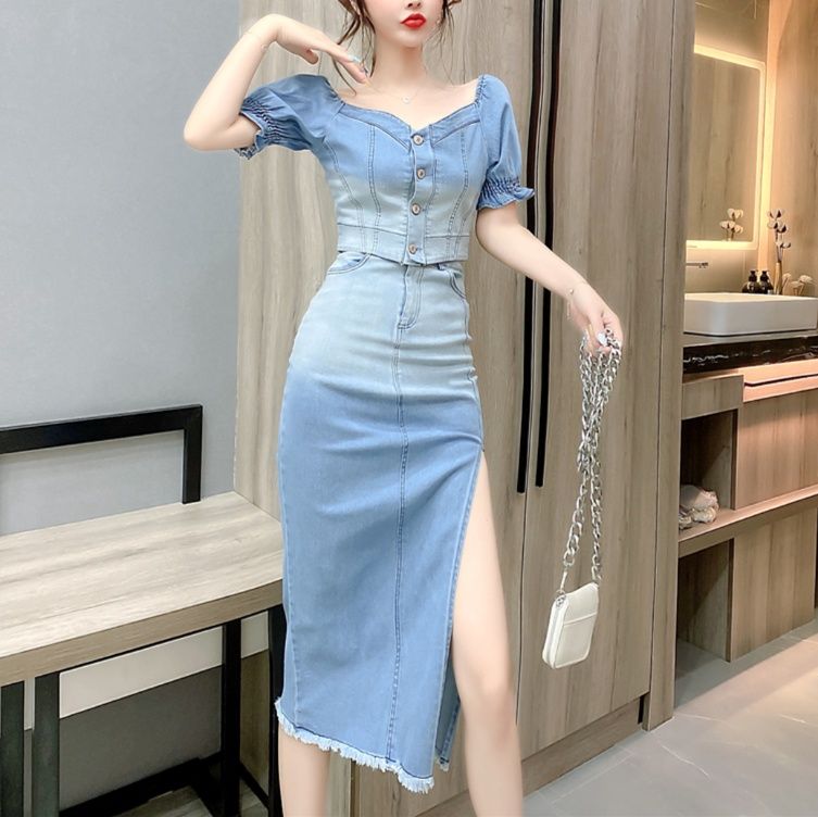 デニムセットアップ フェミニンスリットデニムセット