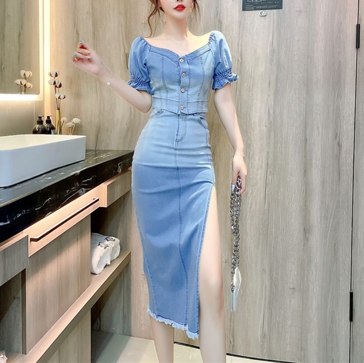 デニムセットアップ フェミニンスリットデニムセット