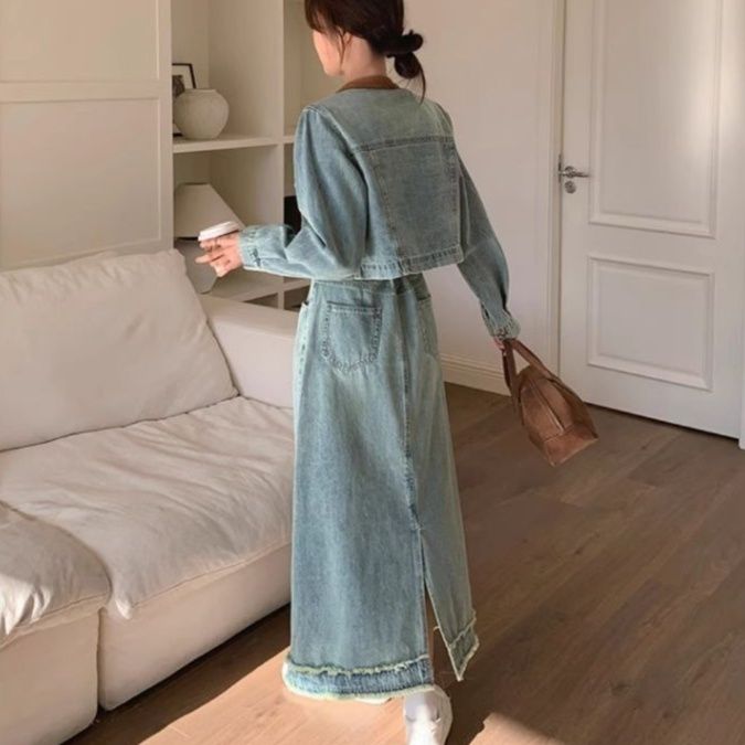 デニムセットアップ クラシカルフリンジロングセット