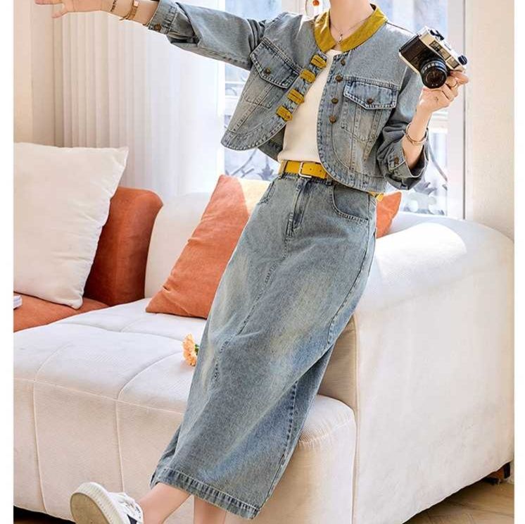 デニムセットアップ 色切り替えクラシカルロングデニムセット