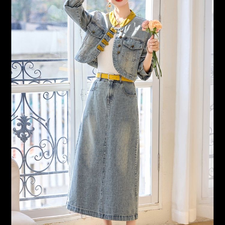 デニムセットアップ 色切り替えクラシカルロングデニムセット