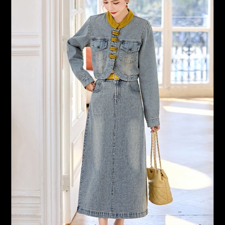 デニムセットアップ 色切り替えクラシカルロングデニムセット