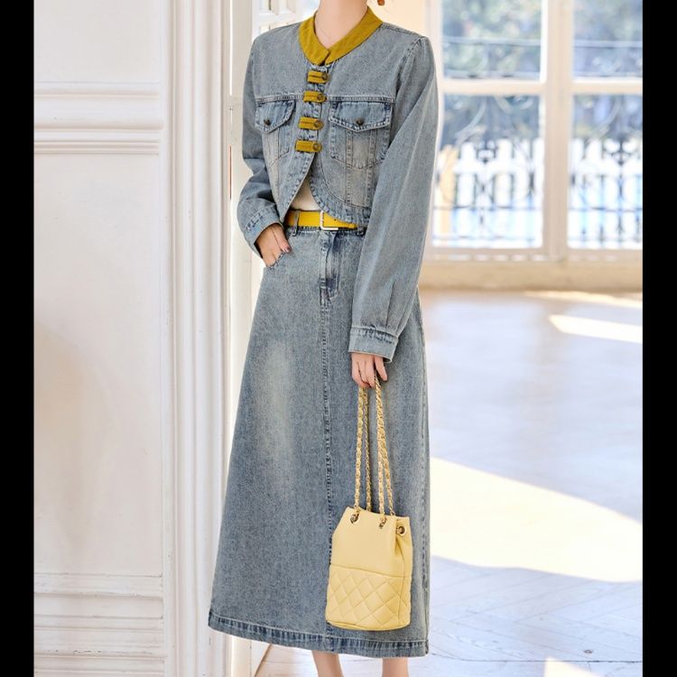 デニムセットアップ 色切り替えクラシカルロングデニムセット