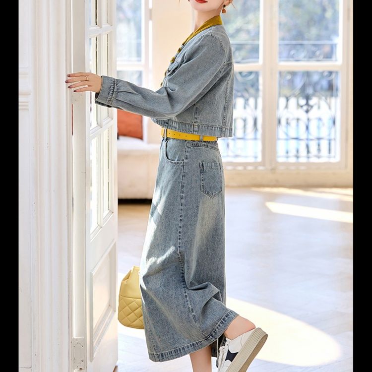 デニムセットアップ 色切り替えクラシカルロングデニムセット