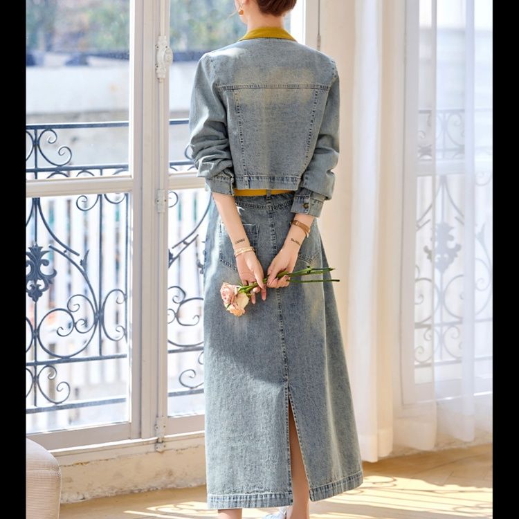 デニムセットアップ 色切り替えクラシカルロングデニムセット