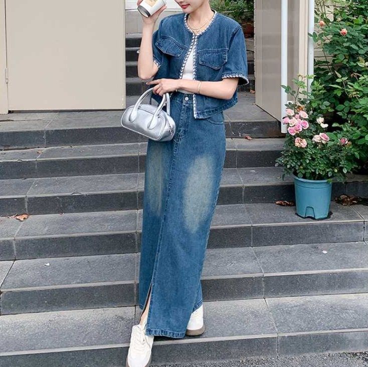 デニムセットアップ 縁取り装飾スリット入りデニムセット