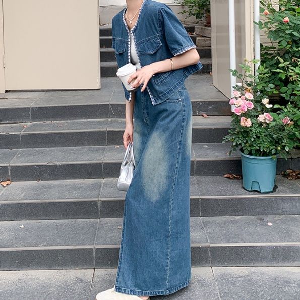 デニムセットアップ 縁取り装飾スリット入りデニムセット