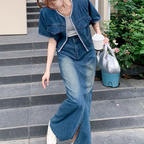 デニムセットアップ 縁取り装飾スリット入りデニムセット
