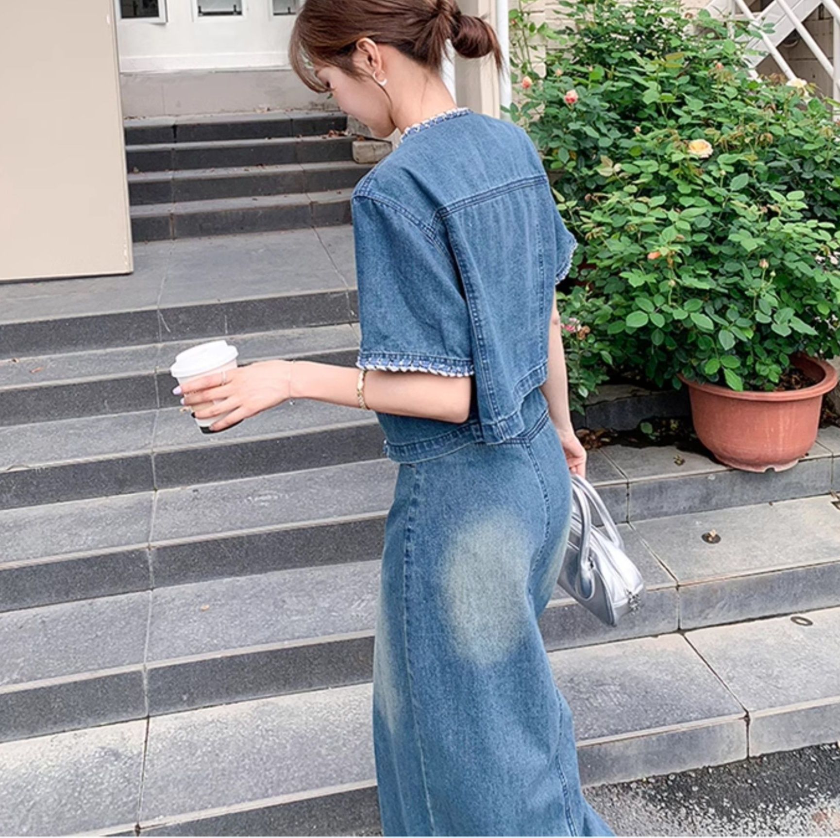 デニムセットアップ 縁取り装飾スリット入りデニムセット