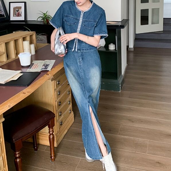 デニムセットアップ 縁取り装飾スリット入りデニムセット