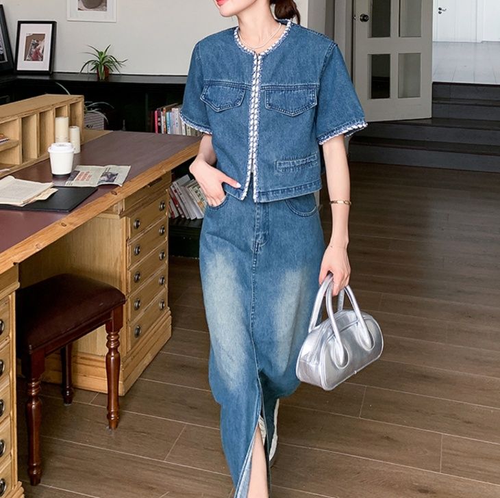 デニムセットアップ 縁取り装飾スリット入りデニムセット