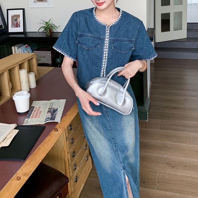 デニムセットアップ 縁取り装飾スリット入りデニムセット