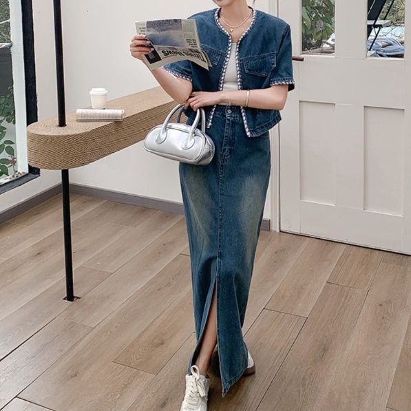 デニムセットアップ 縁取り装飾スリット入りデニムセット