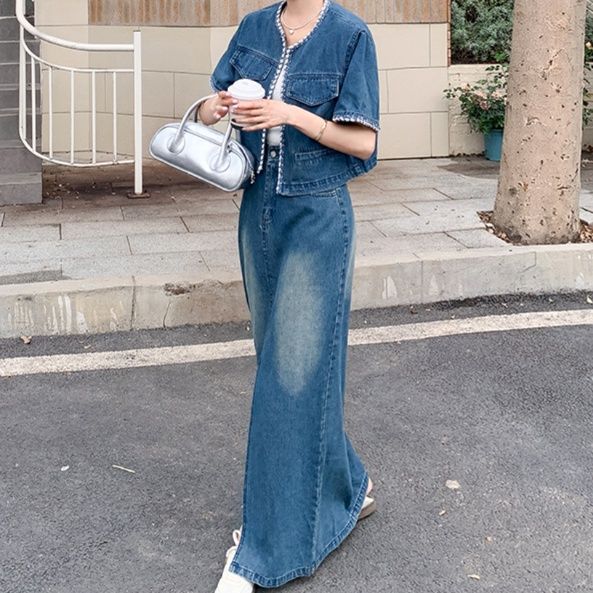 デニムセットアップ 縁取り装飾スリット入りデニムセット