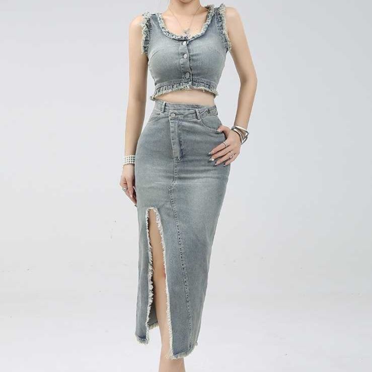 デニムセットアップ フリンジ装飾ノースリーブセット