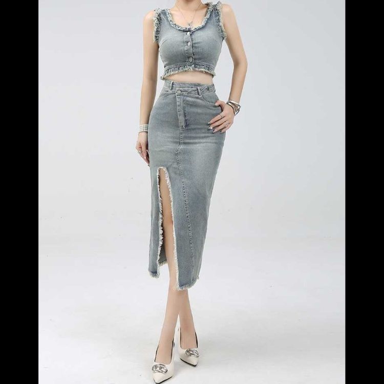 デニムセットアップ フリンジ装飾ノースリーブセット