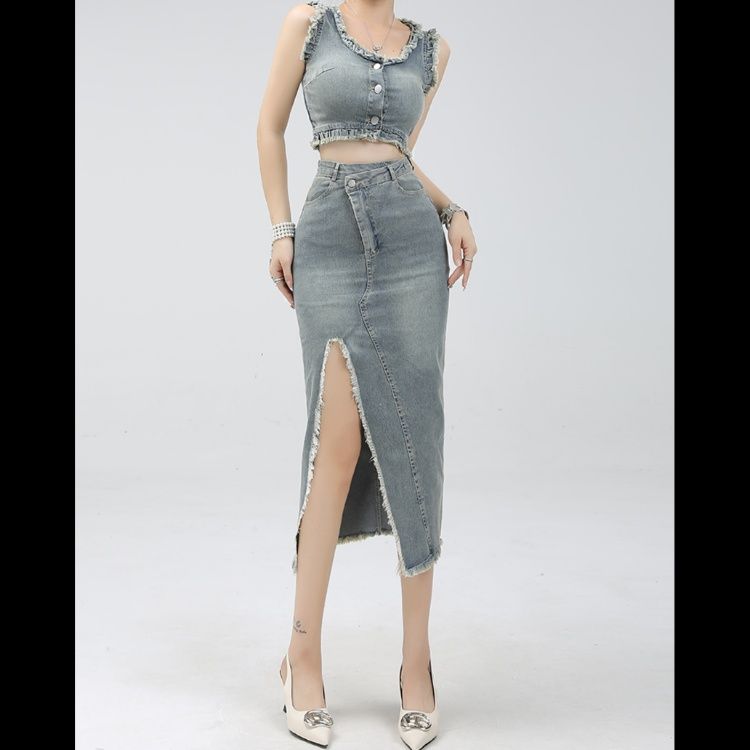 デニムセットアップ フリンジ装飾ノースリーブセット