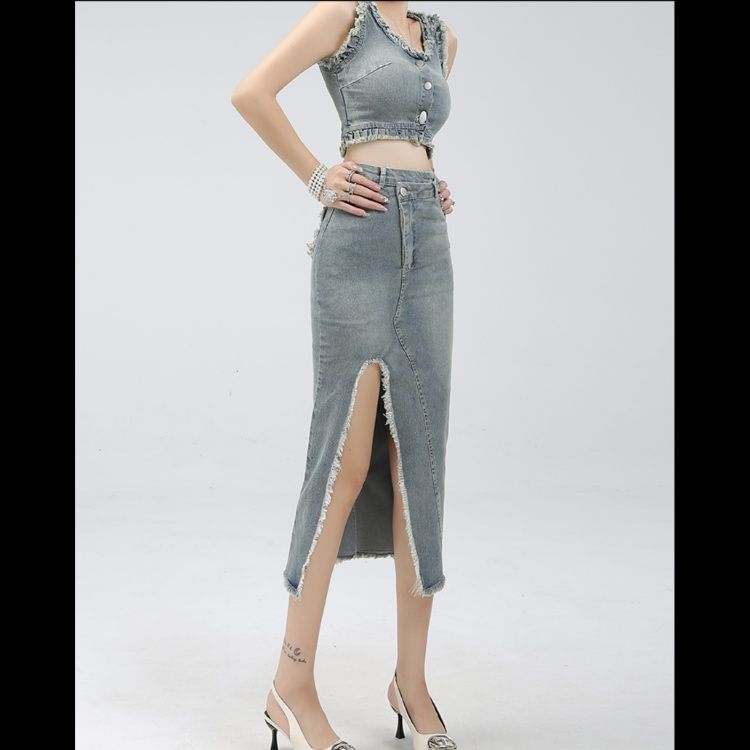 デニムセットアップ フリンジ装飾ノースリーブセット