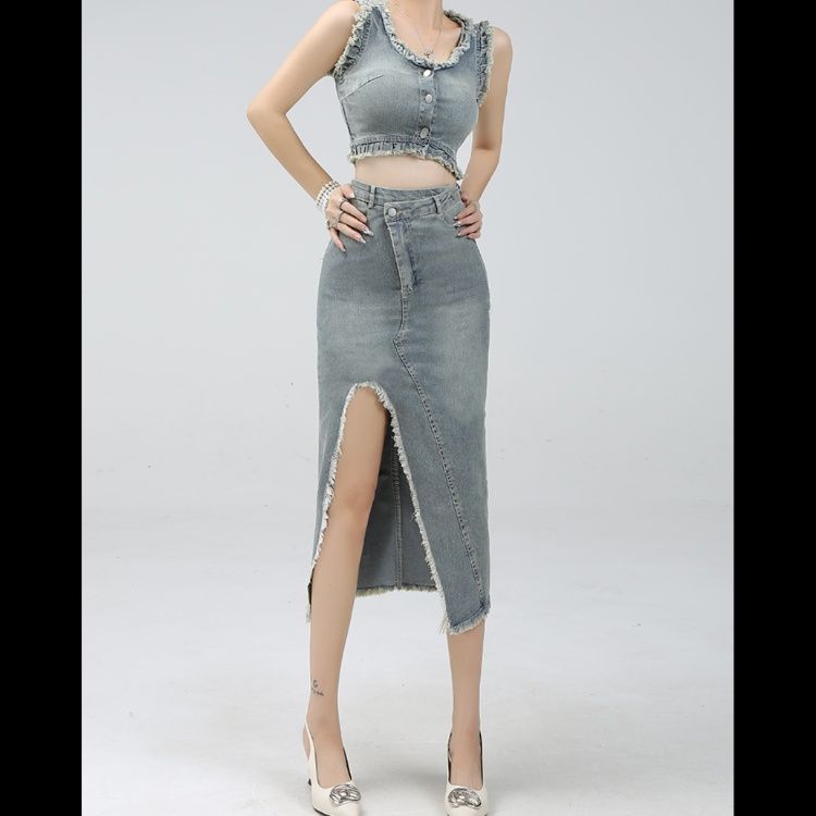 デニムセットアップ フリンジ装飾ノースリーブセット