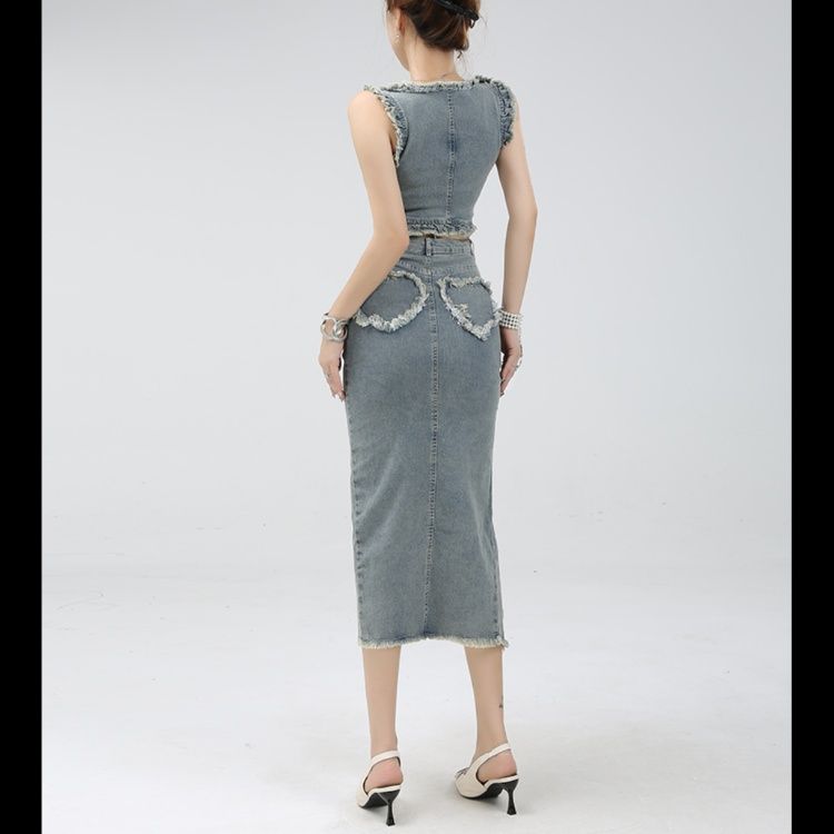 デニムセットアップ フリンジ装飾ノースリーブセット