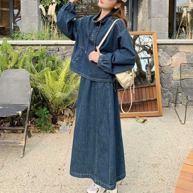 デニムセットアップ ゆったりロングフレアスカートセット