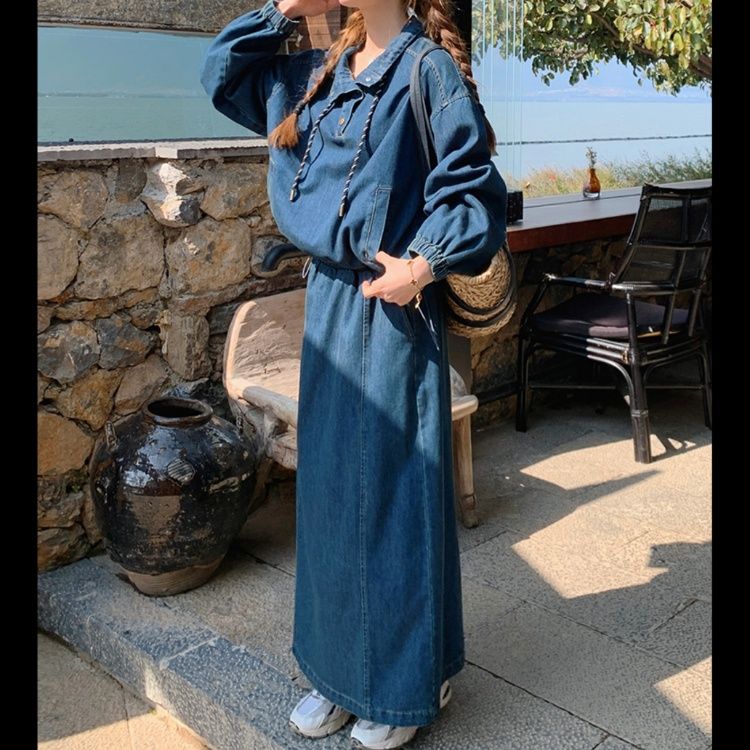 デニムセットアップ ゆったりロングフレアスカートセット