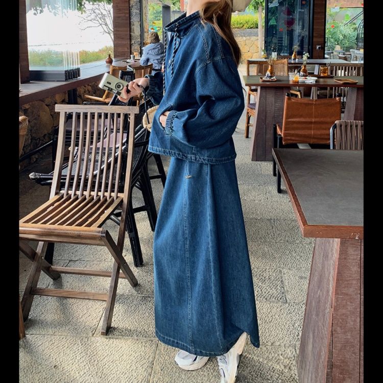 デニムセットアップ ゆったりロングフレアスカートセット