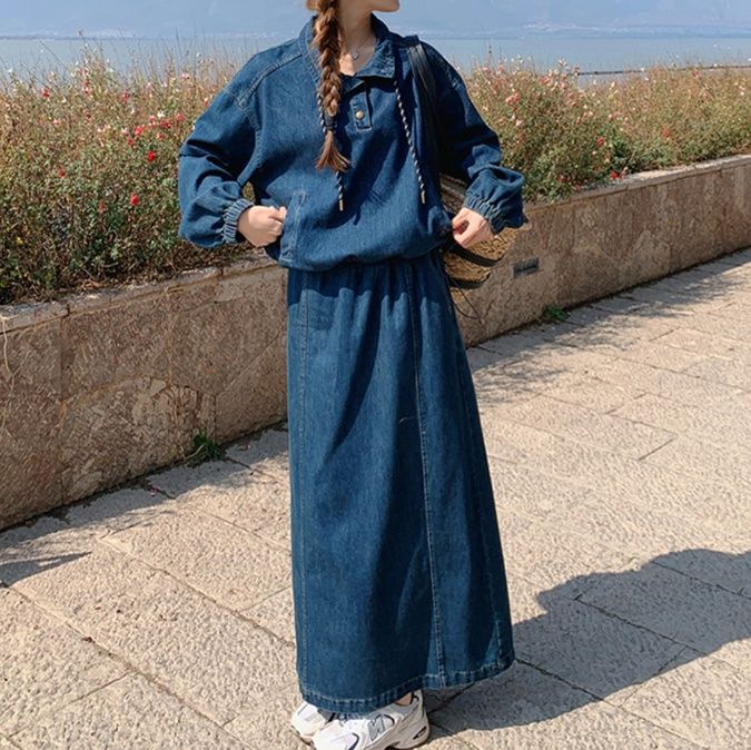デニムセットアップ ゆったりロングフレアスカートセット