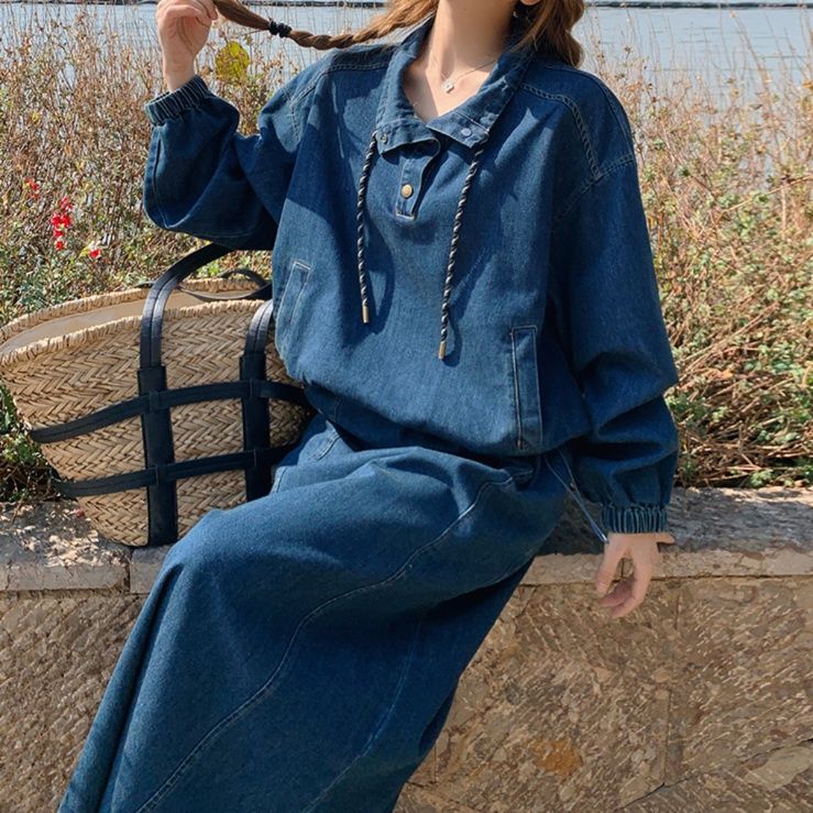 デニムセットアップ ゆったりロングフレアスカートセット