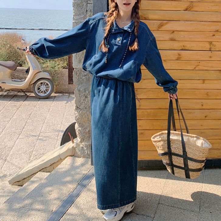 デニムセットアップ ゆったりロングフレアスカートセット