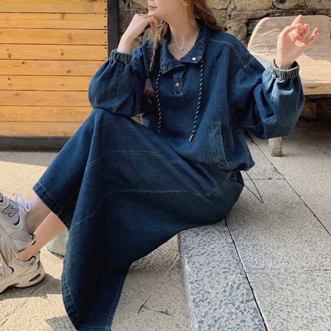 デニムセットアップ ゆったりロングフレアスカートセット