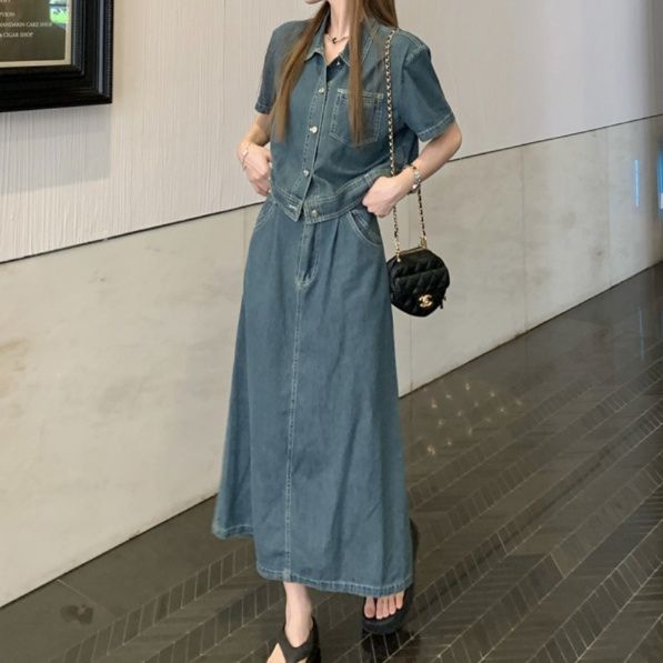 デニムセットアップ 半袖デニムジャケット＆ロングスカート