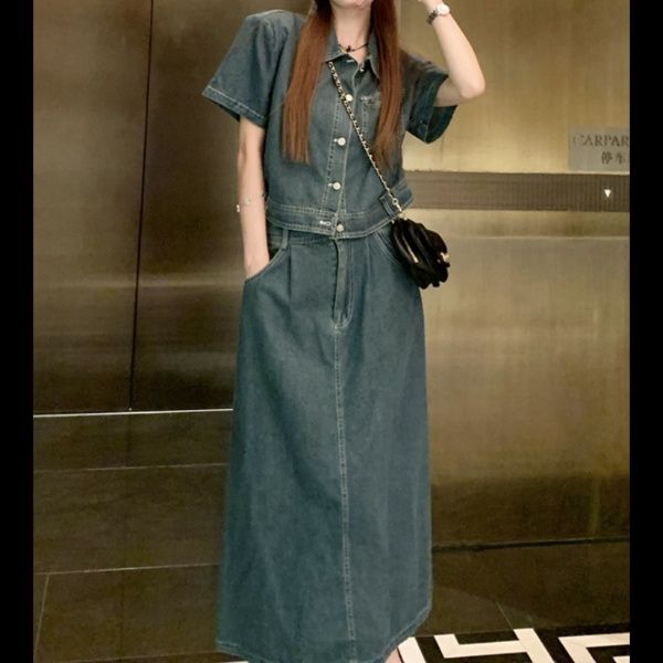 デニムセットアップ 半袖デニムジャケット＆ロングスカート